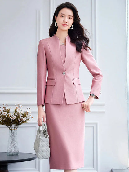 Office Suit Women Collarless Blazer + Vest Dress Set Executive Lady Workwear Elegant 2 Piece Set Long Sleeve Pink Suit Jacket