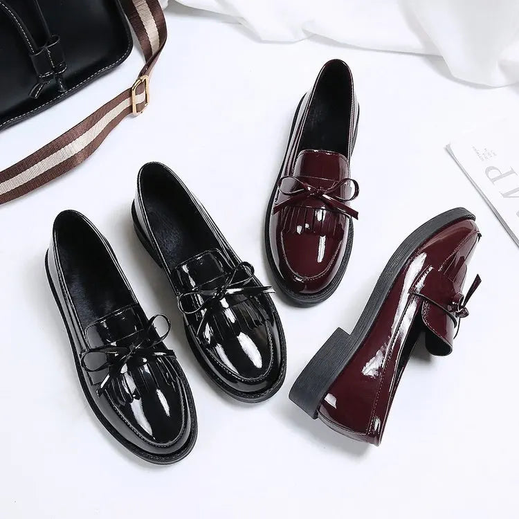 Womens Shoes Patent Leather Women Loafers British Tassel Casual Female Flat Shoes Bowknot Comfortable Small Leather Shoes
