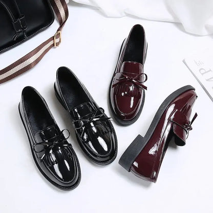 Womens Shoes Patent Leather Women Loafers British Tassel Casual Female Flat Shoes Bowknot Comfortable Small Leather Shoes
