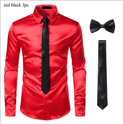 Black Mens Silk Dress Shirts 3Pcs(Shirt +Tie+Bowtie) Smooth Satin Shirt Men Slim Fit Party Prom Casual Shirts Men Social Camisa