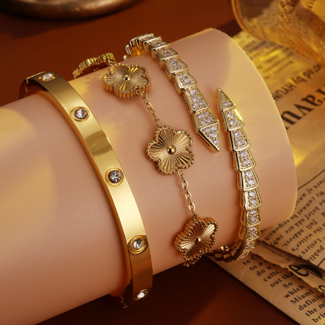 2PCS French Lucky Clover Bracelet Set For Women High Quality Stainless Steel INS Hot Selling Bracelet Charm Feeling Jewelry Gift