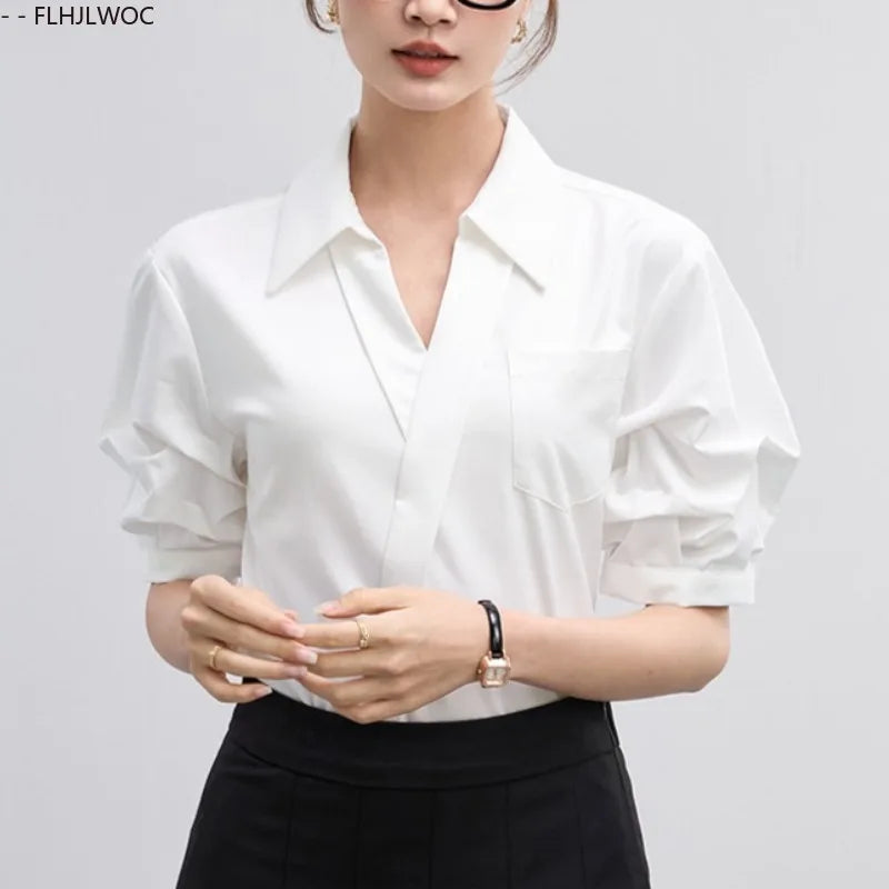 Office Lady Basics Fashion White Shirts New Women Summer Work Solid V Neck Tops Blouses French Design Interview Shirt Cotton