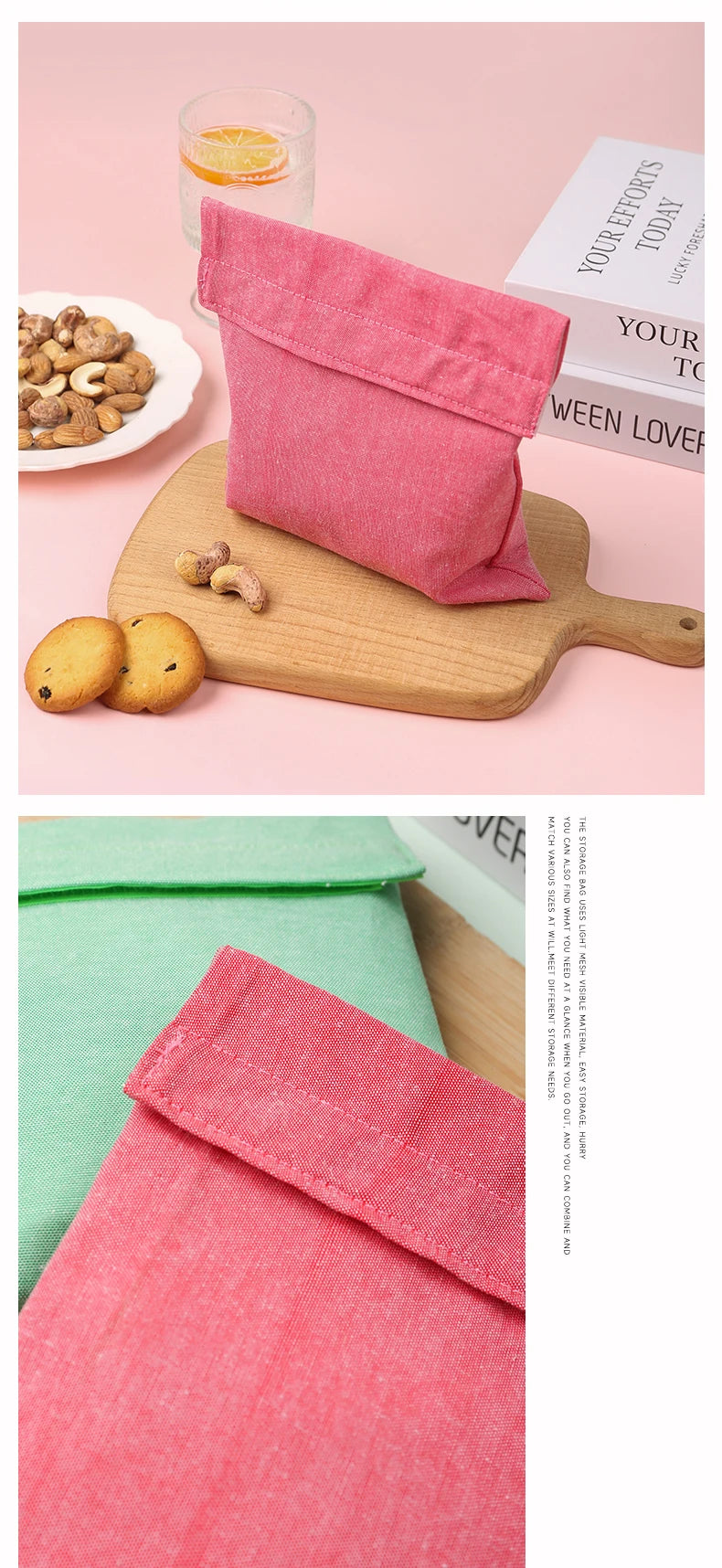 Reusable Sandwich Storage Bag TPU Lining Velcro Snack Bags for Kids Washable Waterproof Food-Safe Reusable Snacks Bags