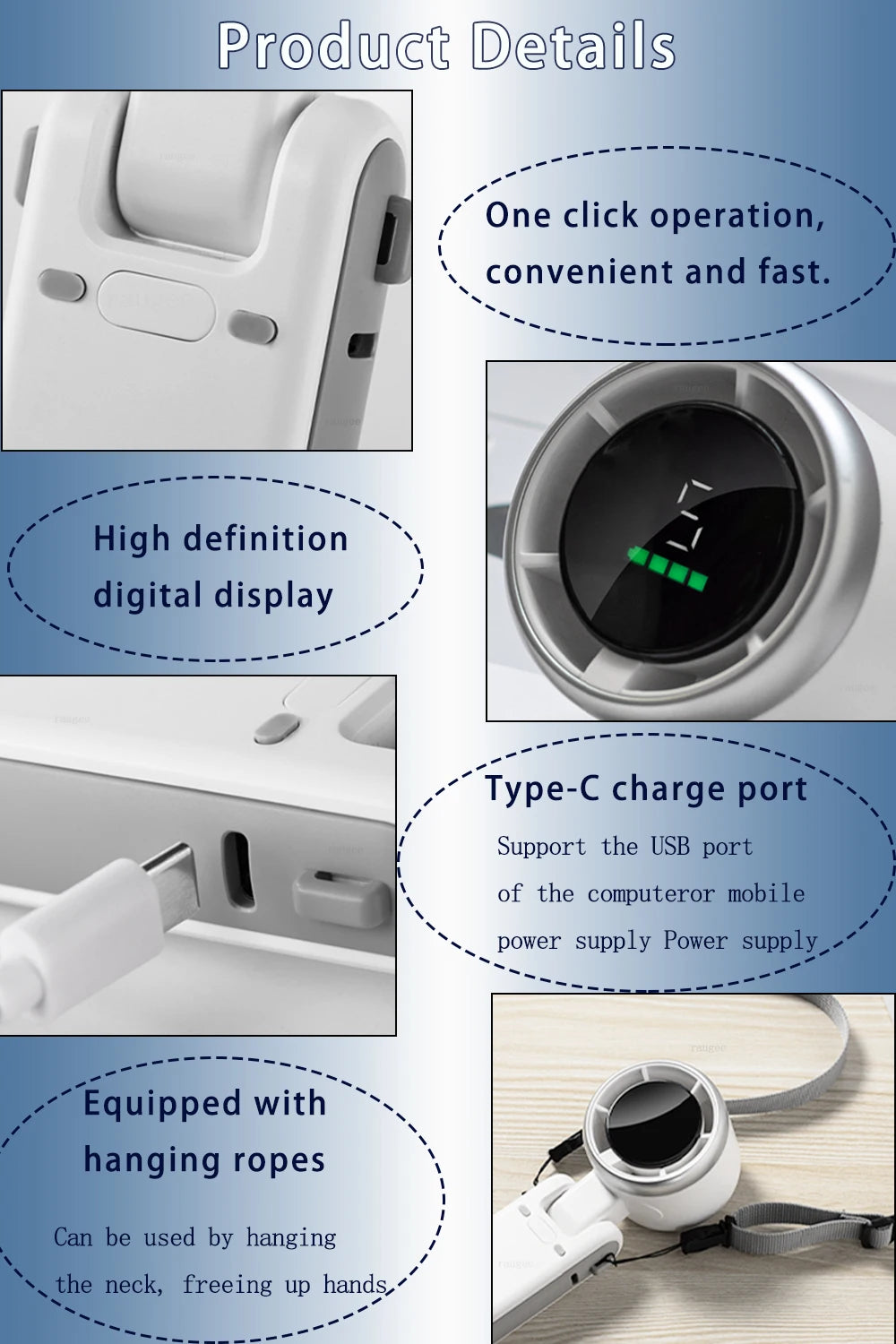 Portable Turbo Fan Mini Hanging Neck Fan USB Rechargeable Handheld Fan 3600mAh Foldable Mini Neck Fan Portable Small Turbo Fan