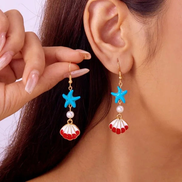 Fashion Asymmetric Ocean Style Earrings Stud  For Women Starfish Shell Earring Ear Ring Imitation Pearl Zircon Jewelry Gift