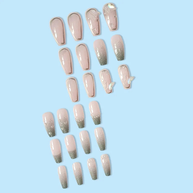 24Pcs Press on Nails Long with Designs Pink Rhinestones False Fake Nails Press On Coffin Artificial Nails for Women Stick on