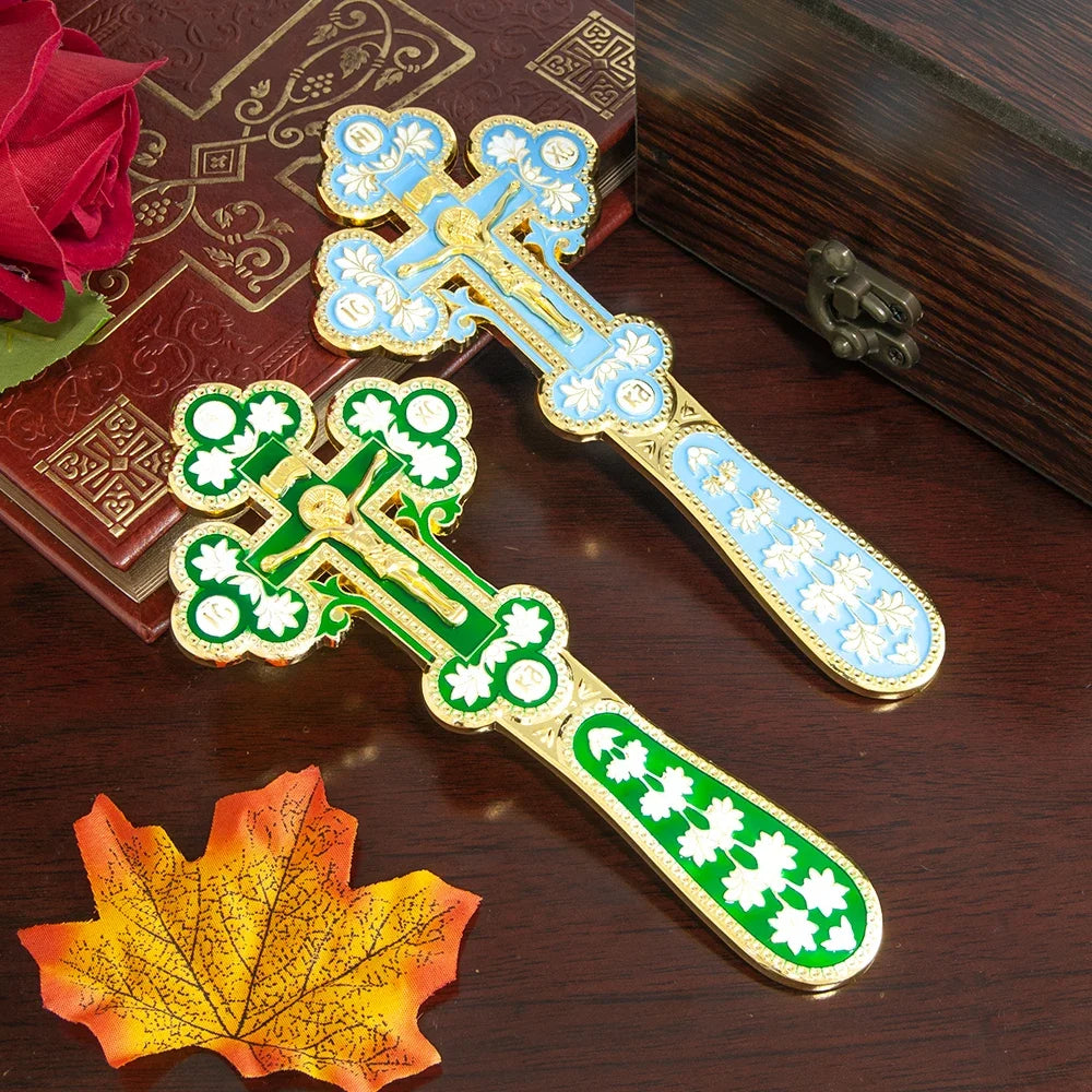 Orthodox Church Handle Blessing Church Cross Gold Plated Colorful Enamel Jesus Crucifix icon Cross With INRI For Prayer