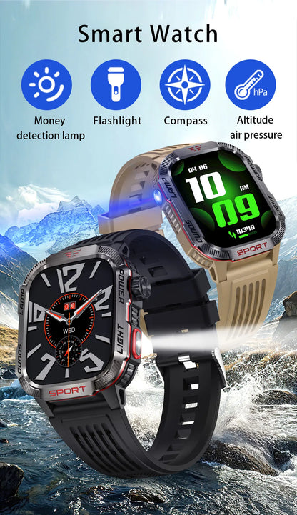 2024 New Durable Military Smart Watch Bluetooth Call Outdoor Sports Track Tracker Men's and Women's Smartwatches LED Flashlight