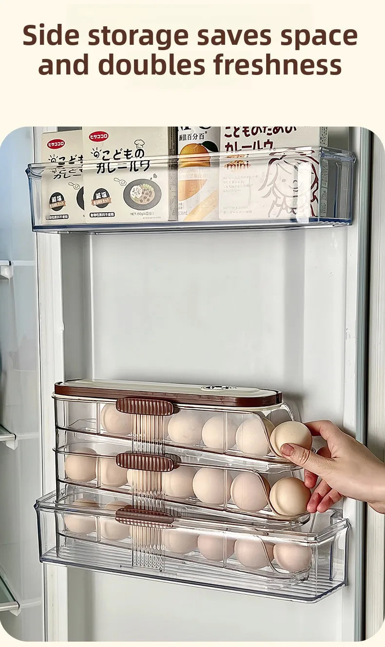 Smart Egg Storage Box - Slide-Out Drawer & Gravity Roller Design with Hidden Handle, Stackable Fridge Organizer for Side Door
