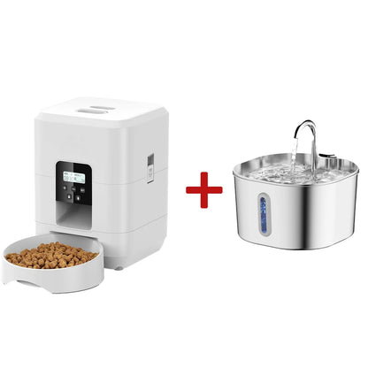 Smart Pet Feeder, Pet Dispenser and Fountain Set, Cat Automatic Feeder with Stainless Steel Fountain, Dog Feeder and Fountain Ki