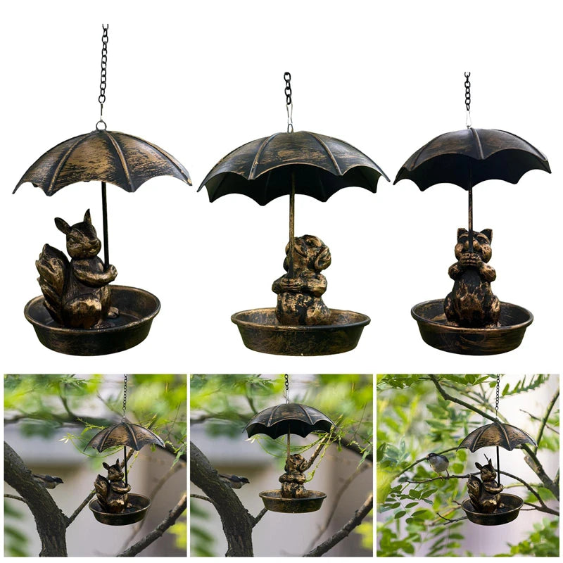 Bird Feeder Water Feeding Tray Umbrella Roof Sturdy Iron Birds Water Station Birdbath for Starlings Bluebirds Yard Gift Trees