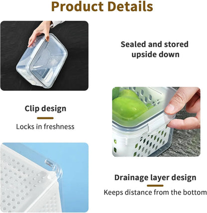 Fridge Food Storage Container Set with Lids with Strainer,Plastic Fresh Produce Saver Vegetable Fruit Meat Organizer