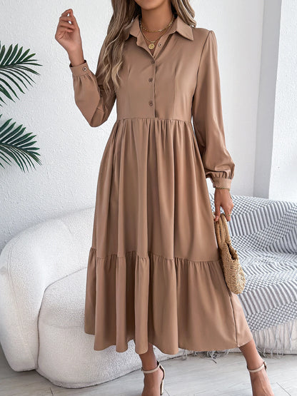 Casual Vacation Long Sleeved Turn-down Collar Single-Breasted Dress Spring Autumn Fashion Women's Clothing