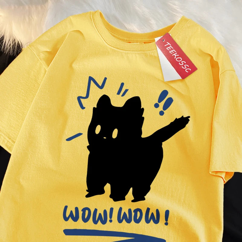 Wow Wow Fun Black Cat Print Japanese Style Men Women Top Fashion T Shirt Cotton Loose T-Shirt Casual O-Neck Clothes Oversize Top