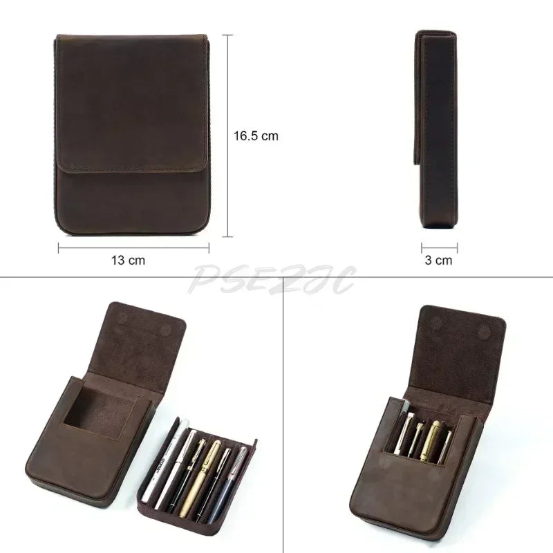 Crazy Horse Leather Pen Box Handmade Magnetic Drawer Style Student Pen Bag Storage Box Office Student Supplies