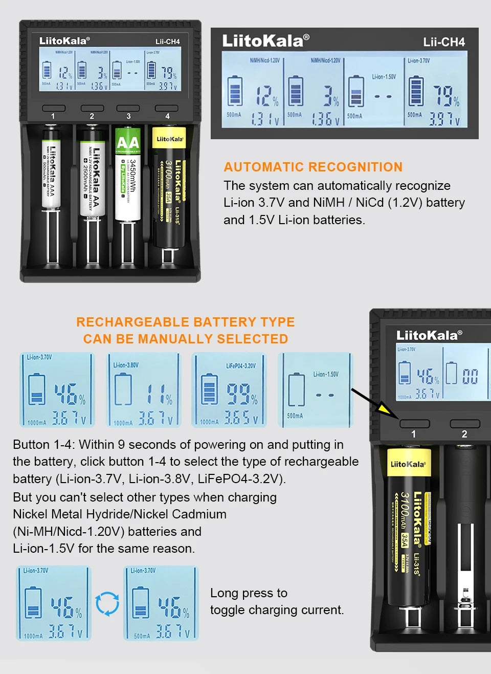 LiitoKala Lii-M4 Lii-CH4 18650 Charger LCD Display Universal Smart Charger Test Capacity 26650 18650 21700 AA AAA Battery 4slot