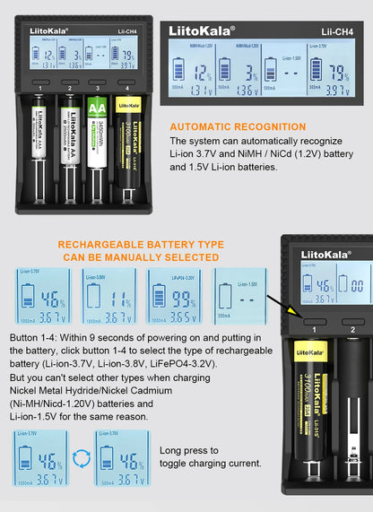 LiitoKala Lii-M4 Lii-CH4 18650 Charger LCD Display Universal Smart Charger Test Capacity 26650 18650 21700 AA AAA Battery 4slot