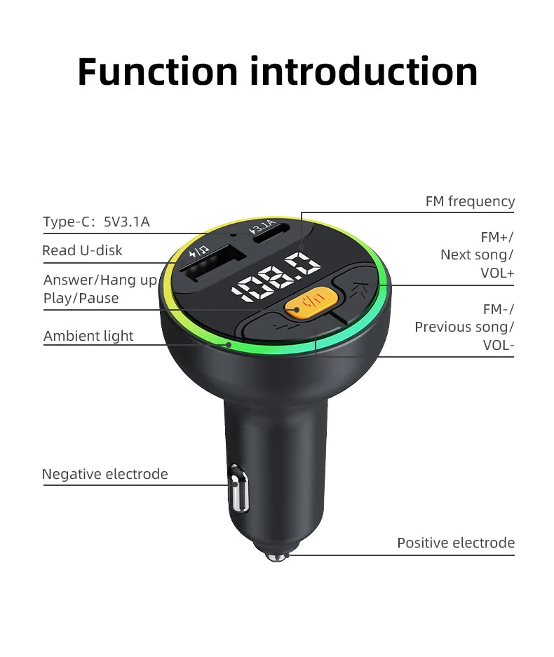Car FM Transmitter Bluetooth 5.3 Handsfree Wireless Car Kit USB C Car Charger Auto Radio Fm Modulator Mp3 Player Adapter