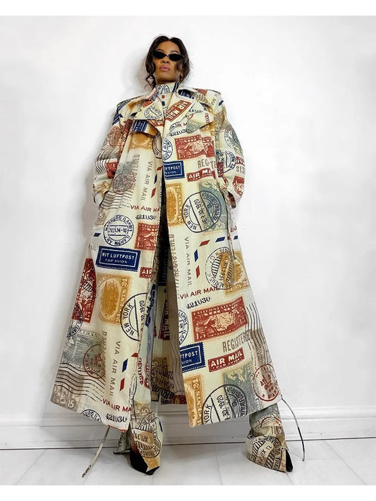 Women Oversize Trench Coat Scrawl Printed Long Coat Stand Collar Lapel Overcoat Pockets Streetwear Shacket Jacket Coatwear