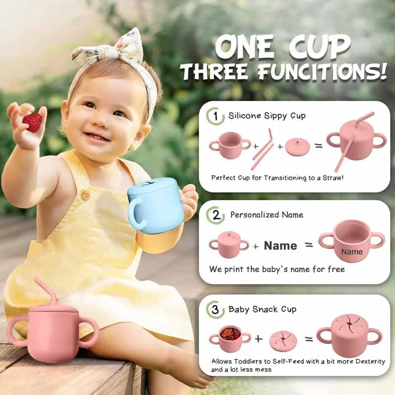 Food Grade Silicone Baby Feeding Cups Personalized Name Children Learn Drinking Cups Sippy Cups Kids Toddlers Straw Water Bottle
