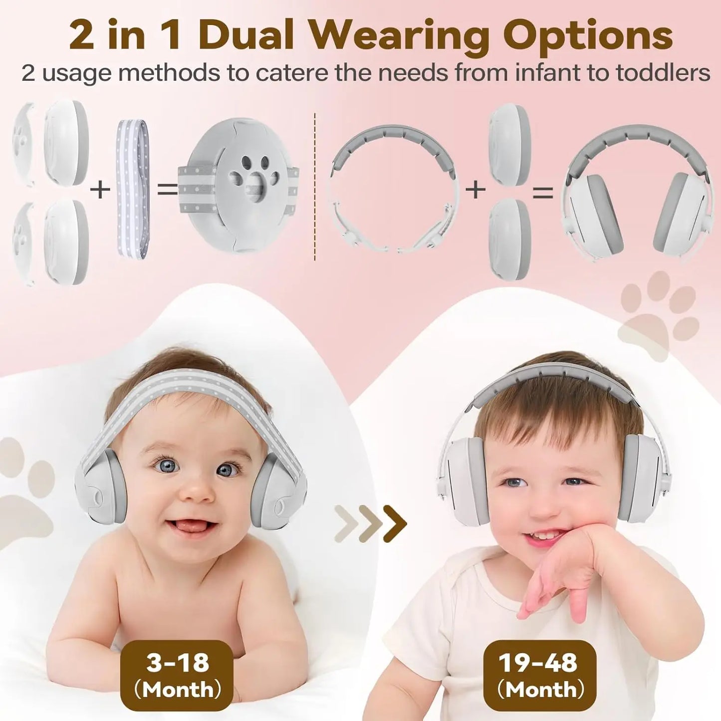 2-in-1 Baby Ear Muffs for Hearing Protection Noise Cancelling Earmuffs for Babies 2 Headbands Travel Essentials for Airplane