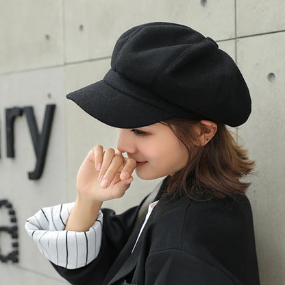 Women's Hat Autumn Warm Octagonal Hat Woolen Cloth Casual Beret Cap Solid Artist Painter Newsboy Hat Men Cap Boina
