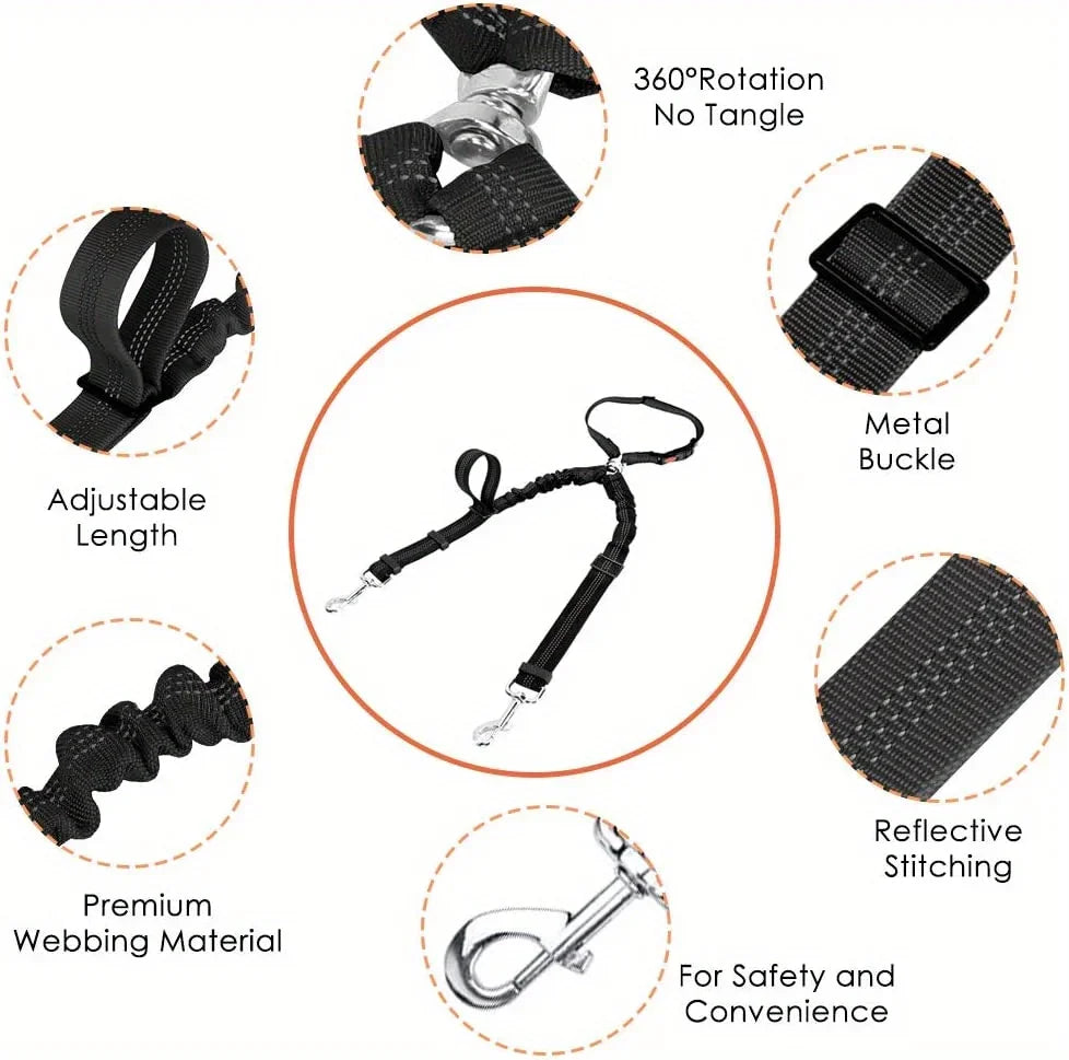 Double Dog Car Harness Safety Seatbelt Adjustable Pet Travel Restraint for 2 Dogs Heavy Duty Crash Tested Elastic Splitter Headr