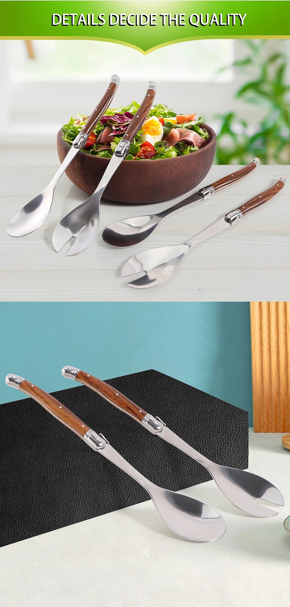 2pc/Set Stainless Steel Salad Spoons Laguiole Style Salad Stirring Spoon Slotted Spoon Wood Grain Plastic Salad Serving Utensils