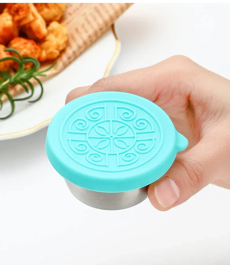 6 Pcs Set Leakproof Stainless Steel Dipping Sauce Cups Food Containers Reusable Salad Dressing Container Silicone Stretch Lids