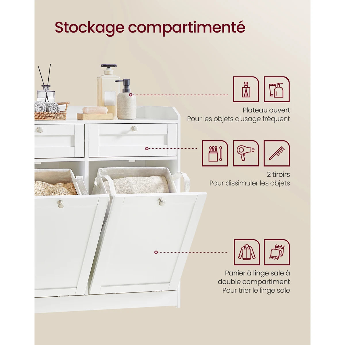 VASAGLE Bathroom Cabinet with Laundry Baskets, Bathroom Storage Unit with 2 Drawer and 2 Laundry Hampers