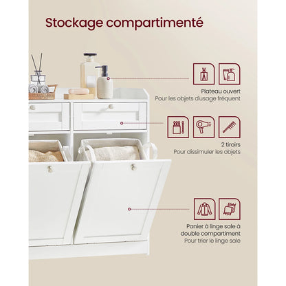 VASAGLE Bathroom Cabinet with Laundry Baskets, Bathroom Storage Unit with 2 Drawer and 2 Laundry Hampers