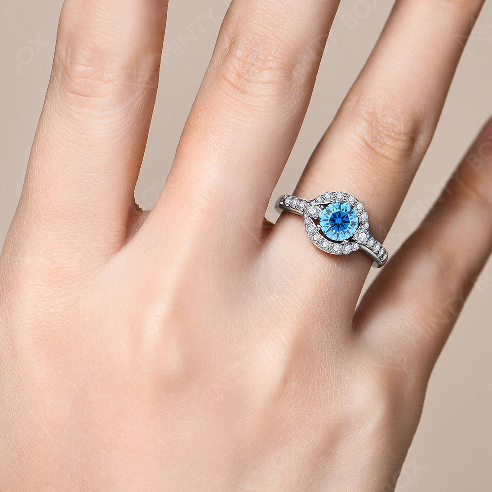 MINTYBOX 1.0ct Color Blue Moissanite Ring S925 Silver D VVS1 Lab Grown Diamond Halo Engagement Rings For Women Wedding Jewelry