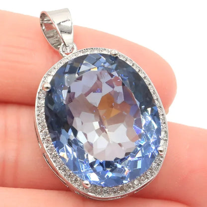 40x21mm Hot Selling Big Gemstone 17.5g Fire Rainbow Mystic Violet Topaz Cz Silver Pendant Earrings