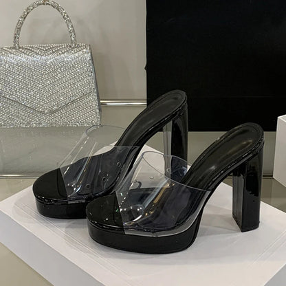 Liyke Summer Square Toe 12CM Thick High Heels Platform Slippers Ladies Chunky Sandals PVC Transparent Shoes Women Zapatos Mujer