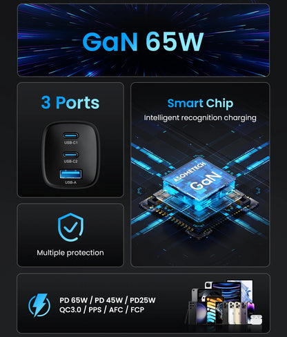 65W GaN USB Type C Fast Charger For Laptop PPS 45W PD QC 3.0 Quick Charge For iPhone 14 13  Samsung Xiaomi Realme Phone Charger