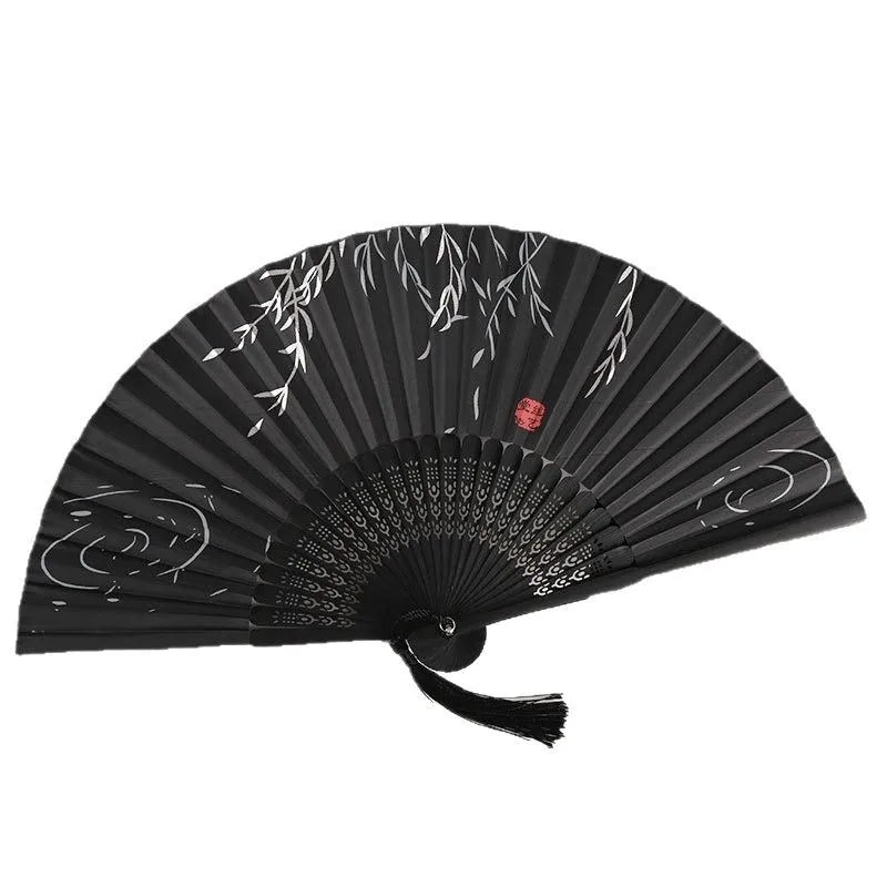 Bamboo Folding Fan Silk Chinese Fan Hand Women Black Fan Summer Female Dance Home Decoration Party Gift Home Ornament Fan Black
