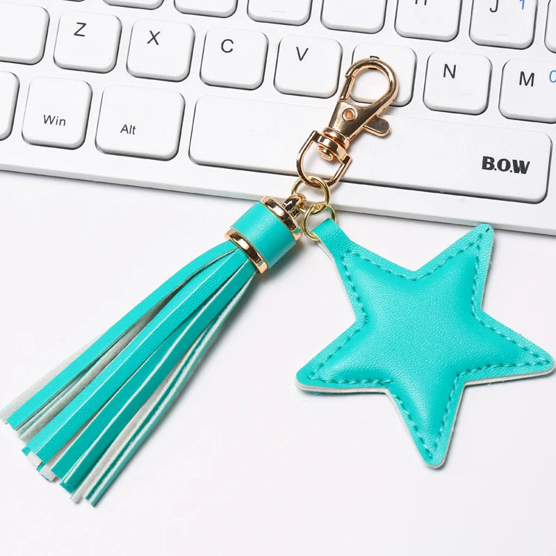 Fashion PU leather Tassel Key Chain for Women Girl Star Pendant Lobster Clasp Key Rings Bag Accessories