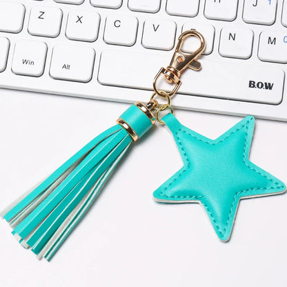 Fashion PU leather Tassel Key Chain for Women Girl Star Pendant Lobster Clasp Key Rings Bag Accessories