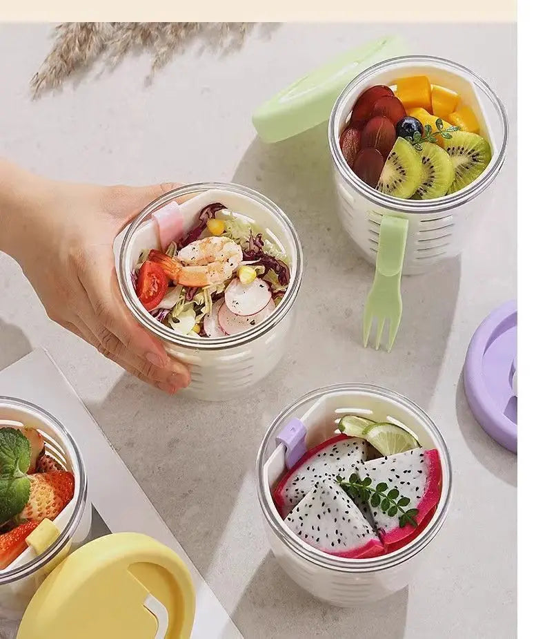 Salad Cup With Fork Cylindrical Plastic Fruit Cup Multifunctional Drainage Function Salad Container, Portable Lunch Box
