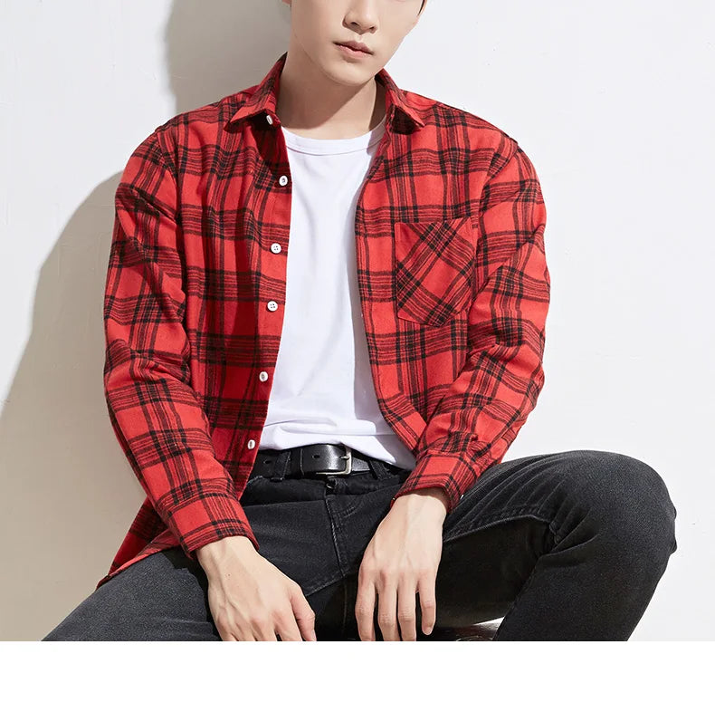 40%cotton fashion korean populasr clothes Casual plaid long-sleeve shirts for men slim fit plain shirt social streetwear tops