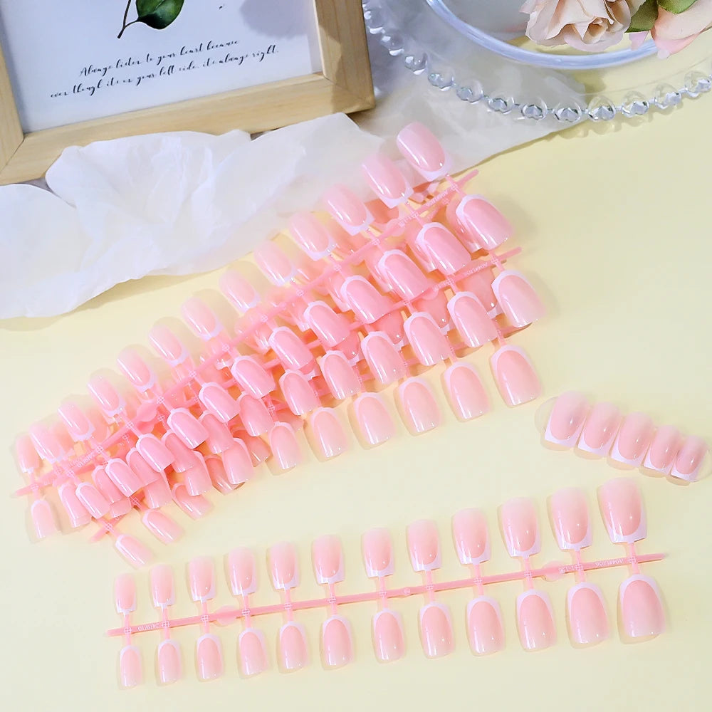 120Pcs=24*5 French Short Square Coffin False Nail White Pink Simple Wearable Fake Nails Glossy Full Cover Press on Nail Tips Art