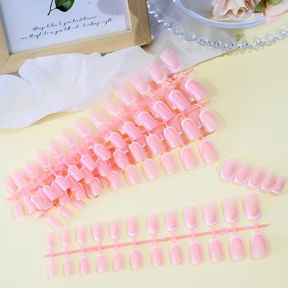 120Pcs=24*5 French Short Square Coffin False Nail White Pink Simple Wearable Fake Nails Glossy Full Cover Press on Nail Tips Art