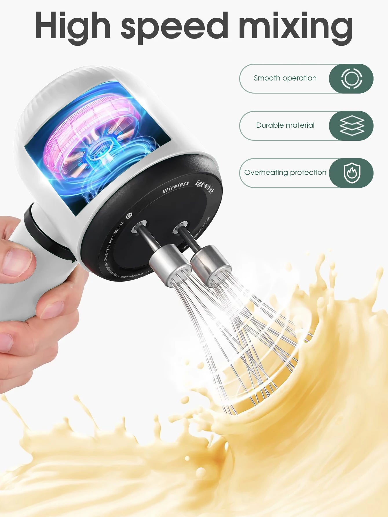 USB Rechargeable Electric Hand Blender Wireless Portable Hand Whisk Rechargeable 3-Speed And 2 Whisk For Baking Whisk Milk Cream