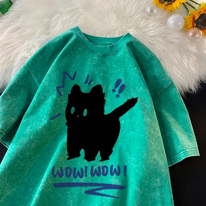 Vintage Water Washing T Shirts Wow Wow Fun Black Cat Tops Casual Hip Hop Short Sleeve Men Women Clothing Cotton Couple Tops