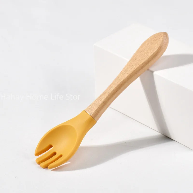 Baby Silicone Feeding Set with Wooden Handle Soft Training Spoon and Fork for Kids