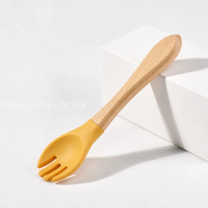 Baby Silicone Feeding Set with Wooden Handle Soft Training Spoon and Fork for Kids
