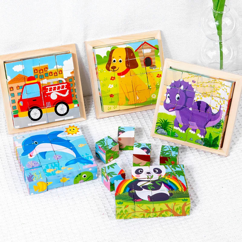 Six Sides Painted Wooden Puzzle Three-Dimensional Traffic Animal Puzzle Building Blocks Early Education Educational Toy
