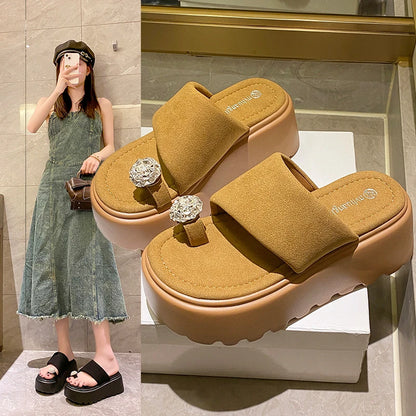 7cm Shiny Rhinestone High Platform Slippers Women Butterfiy-Knot Heels Chunky Sandals Woman Summer Thick Bottom Wedges Slides