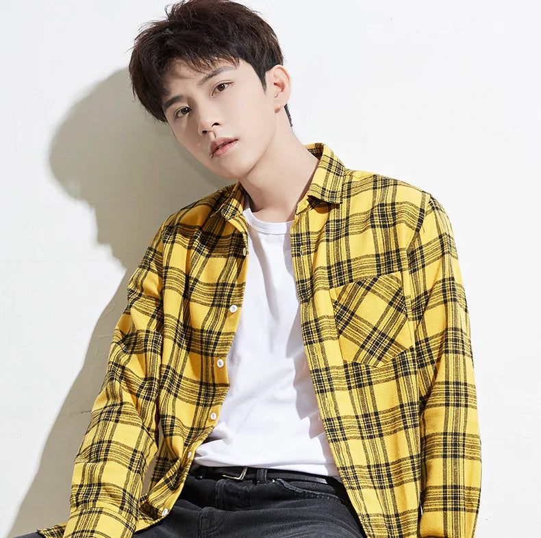 40%cotton fashion korean populasr clothes Casual plaid long-sleeve shirts for men slim fit plain shirt social streetwear tops