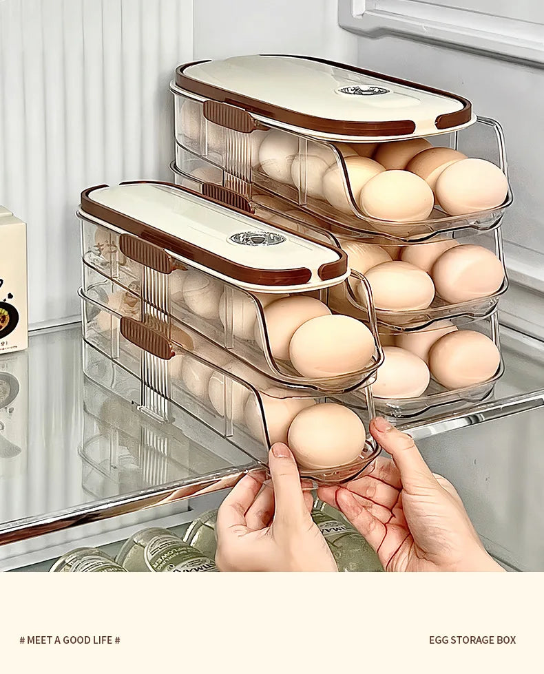 Smart Egg Storage Box - Slide-Out Drawer & Gravity Roller Design with Hidden Handle, Stackable Fridge Organizer for Side Door